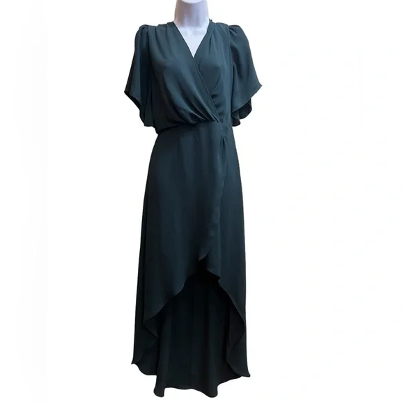 new york and company green dress Short Sleeve Floral Ruched Neck Midi Dress - SMALL / GREEN